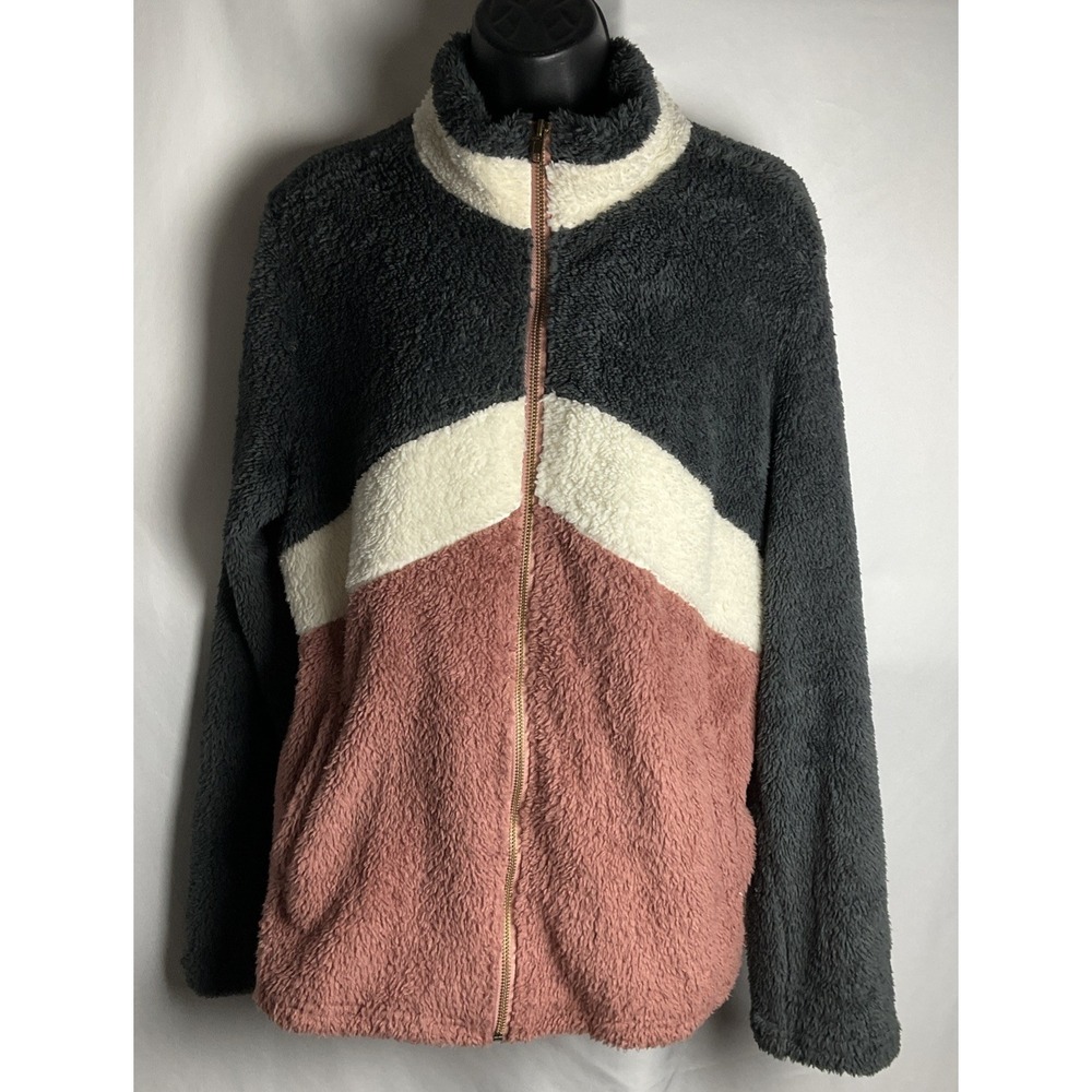 &Merci Women's Size M Color Block Sherpa Zip Up Jacket Pockets Soft Teddy‎ Bear